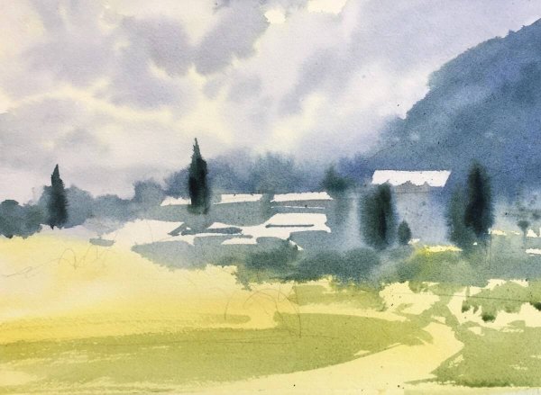 Акварель по сырому пейзаж