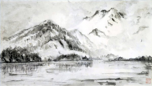 Горный пейзаж тушью