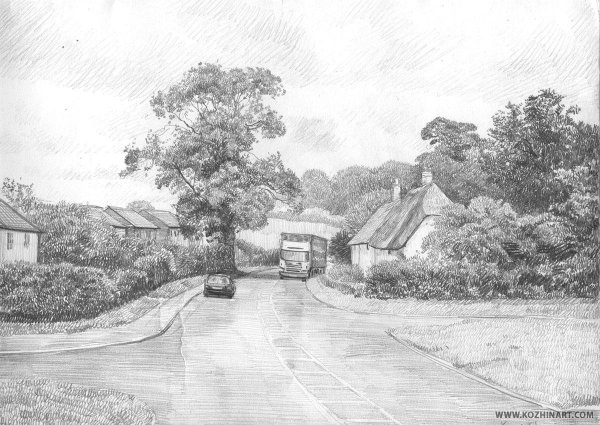 Пейзаж деревни карандашом