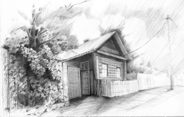Пейзаж с домом карандашом