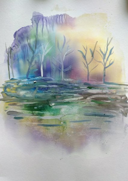 Монотипия пейзаж у озера