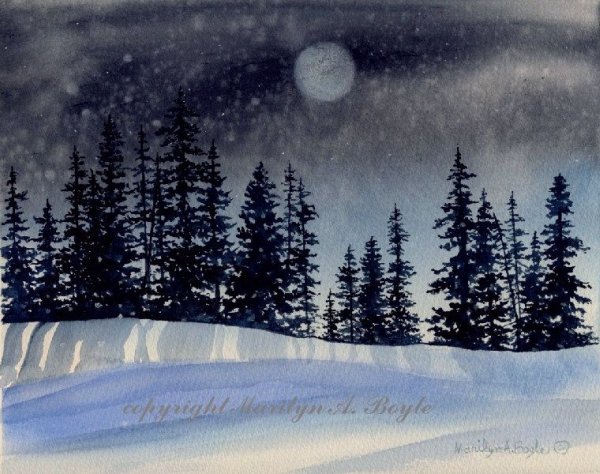 Зимняя ночь акварель