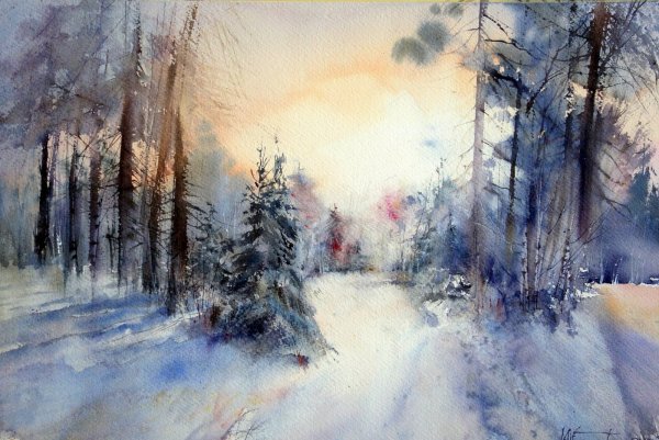 Акварель зимний пейзаж Борис Козьяков