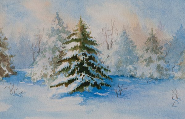 Зимний лес акварель