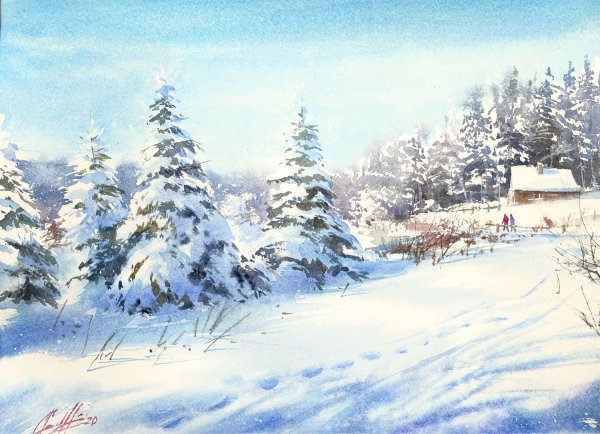 Зимний лес акварель