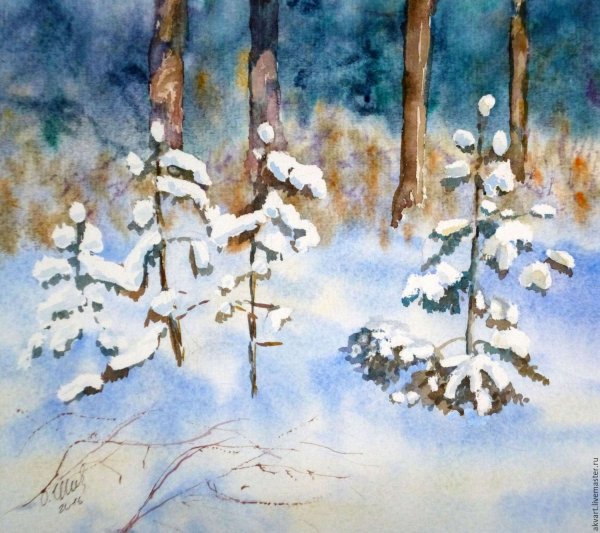 Зимний лес акварель
