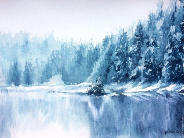 Зимний лес акварель