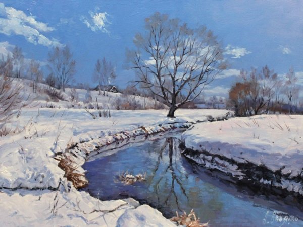 Зима закат река