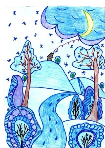 Зимний пейзаж фломастерами для детей