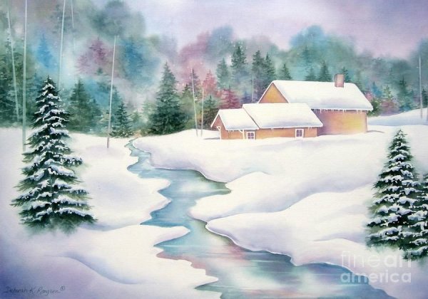 Зимний Лесной пейзаж акварелью