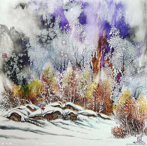 Зимние горы акварелью