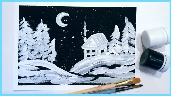 Рисование белой гуашью на тёмном фоне зима