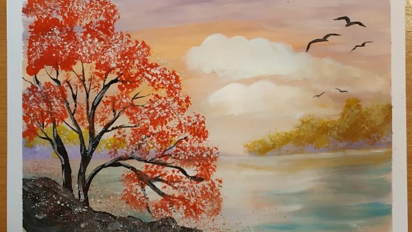 Поэтапное рисование пейзажа гуашью