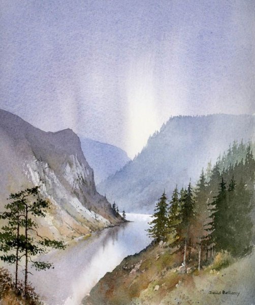 Акварель река горы