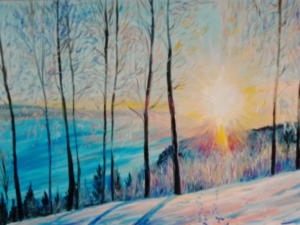 Зимний закат живопись