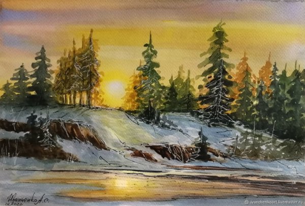 Зимний закат живопись