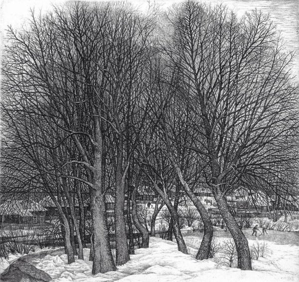 Зимний пейзаж карандашом