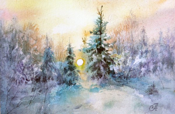 Зимний лес акварель