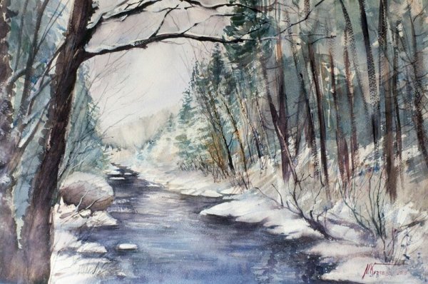 Кузнецов Михаил -акварель, зимний пейзаж