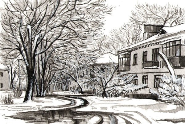 Зимний пейзаж в графике