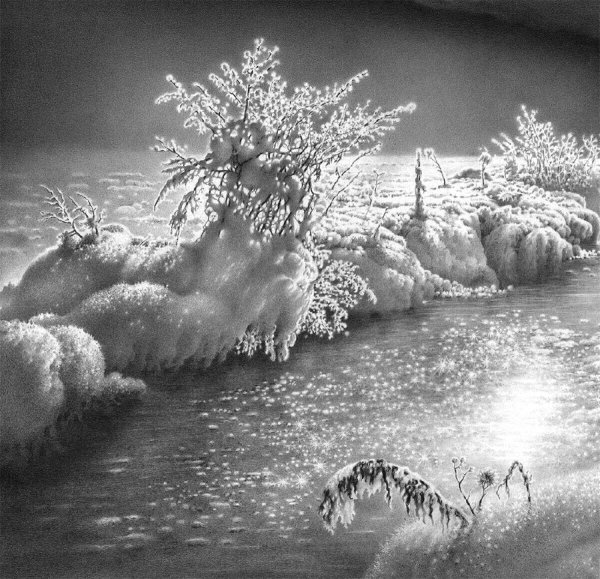 Пейзаж зимы карандашом