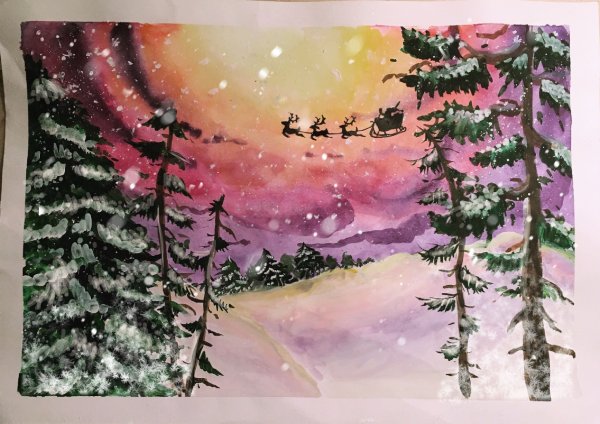 Новогодний пейзаж акварелью