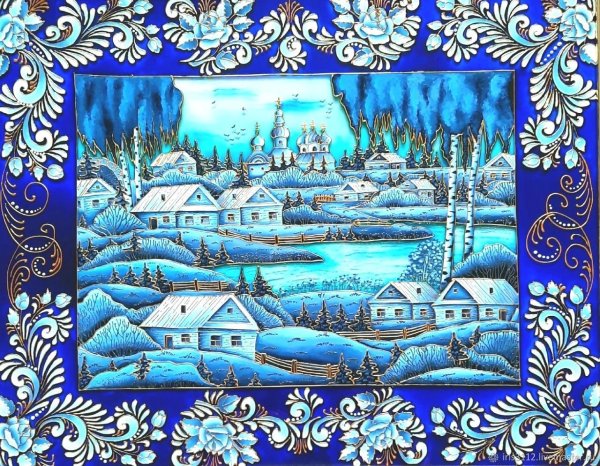 Пейзаж в технике гжельской росписи