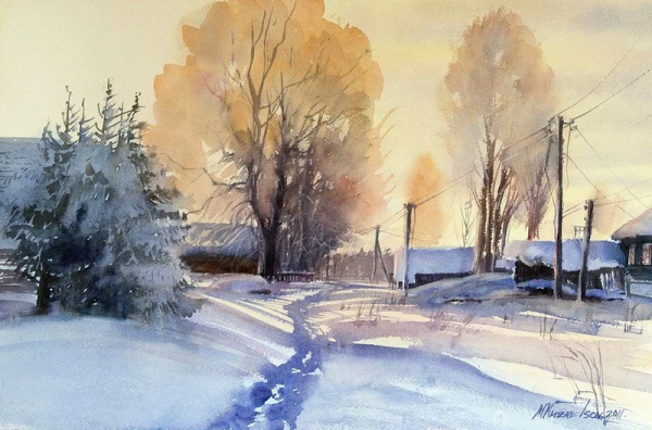 Кузнецов Михаил -акварель, зимний пейзаж