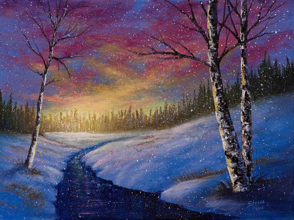 Зимний пейзаж красками