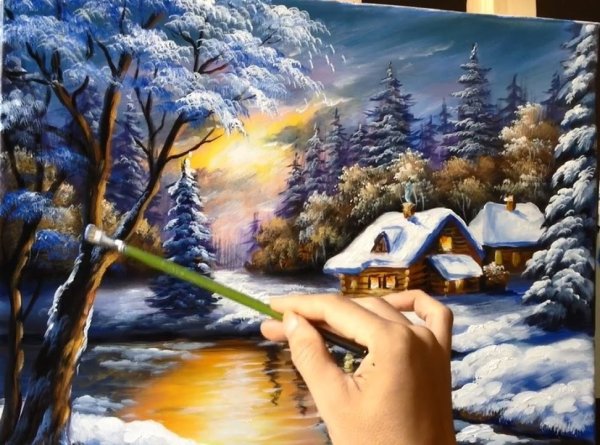 Зимний пейзаж акриловыми красками