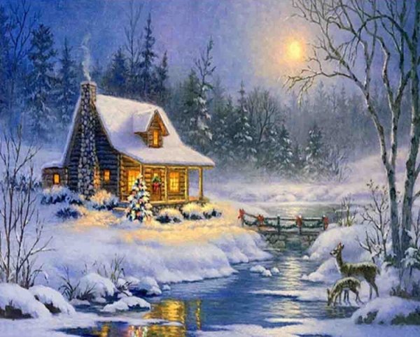 Зимний пейзаж с избушкой