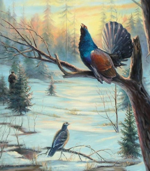 Тетерева Глухари в лесу живопись маслом