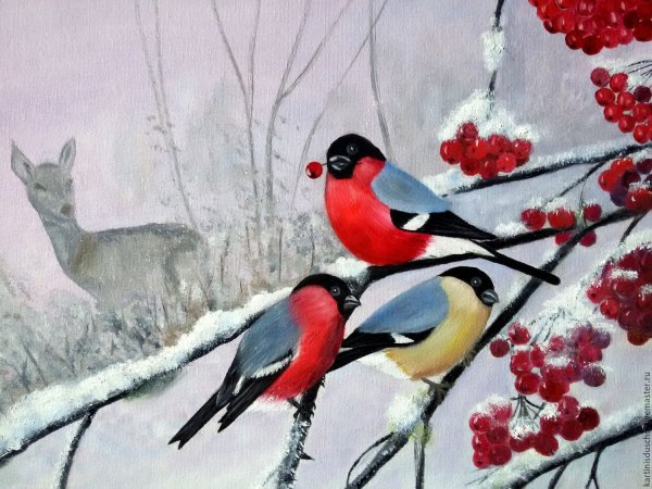 Зимний пейзаж с синицами