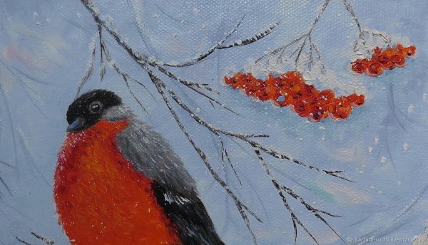 Зимний пейзаж с рябиной живопись