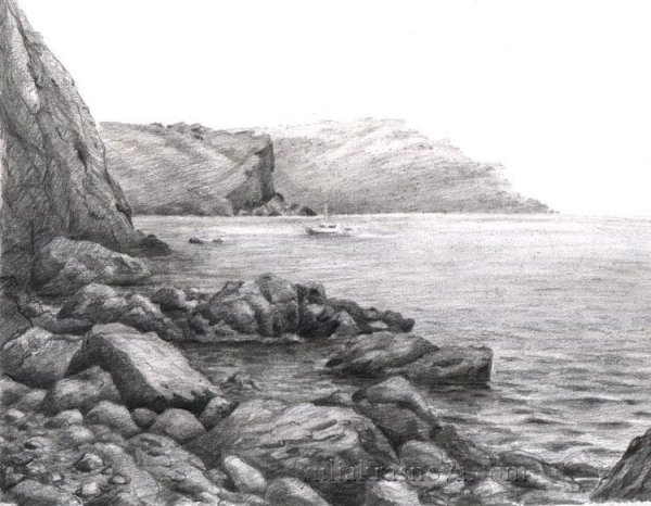 Морской пейзаж цветными карандашами