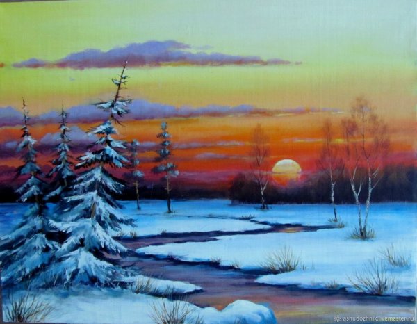 Зимний пейзаж гуашью