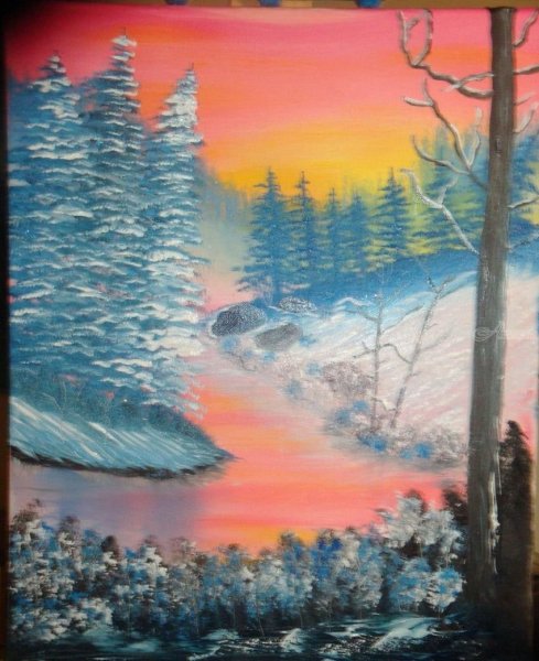 Зимний закат акварель