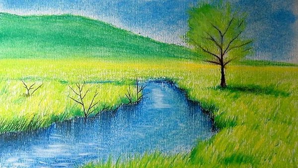 Пейзаж цветными карандашами для детей