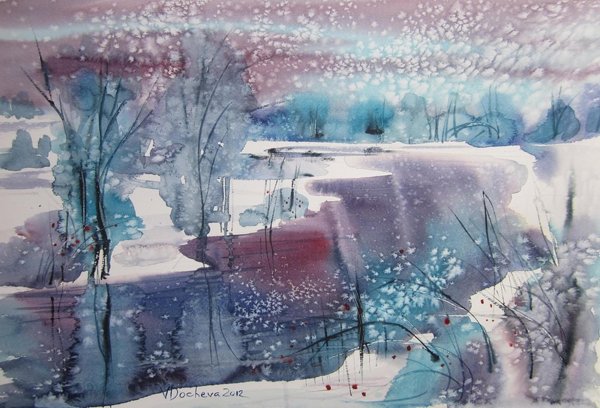 Зимний пейзаж гуашью и акварелью