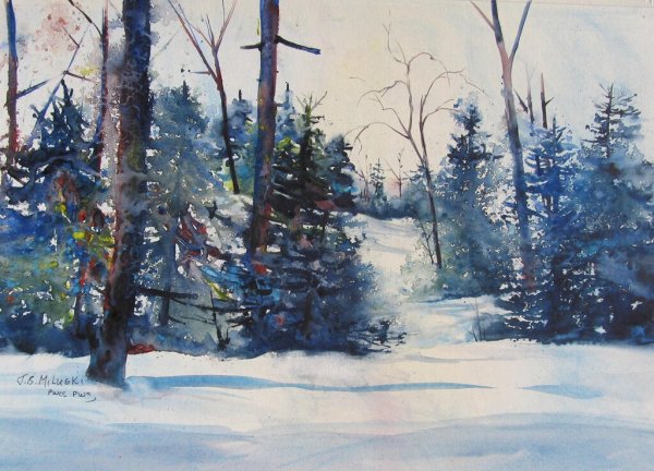 Горы зимой акварель