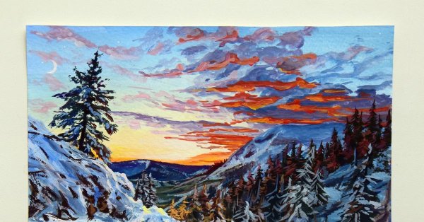 Зимний пейзаж гуашью