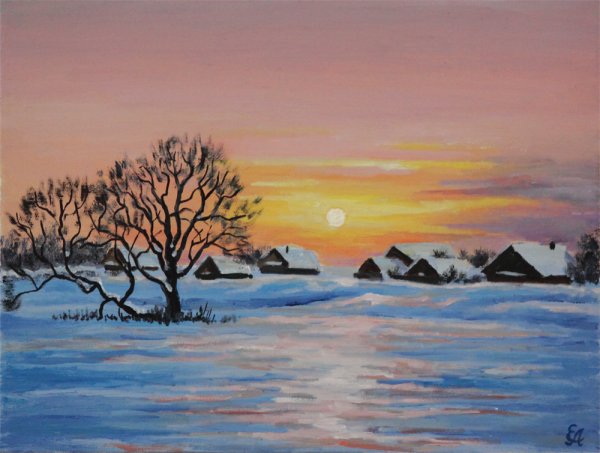 Зимний пейзаж гуашью