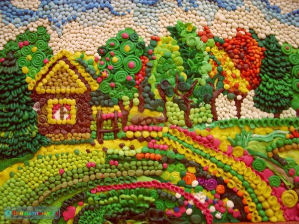 Пейзаж из пластилина на картоне