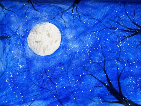 Ночной зимний пейзаж красками