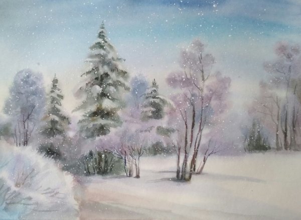 Зимний пейзаж акварелью для детей