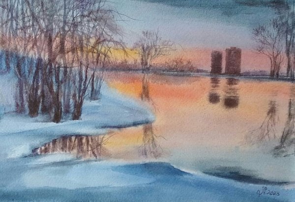 Пейзаж акварелью по мокрому