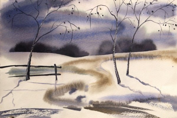 Зимний пейзаж акварель по сырому