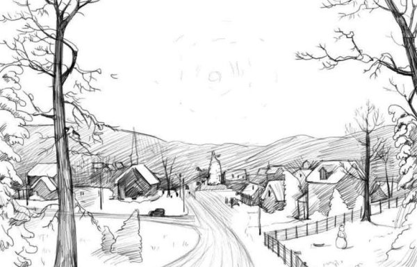 Пейзаж карандашом с растушевкой для детей