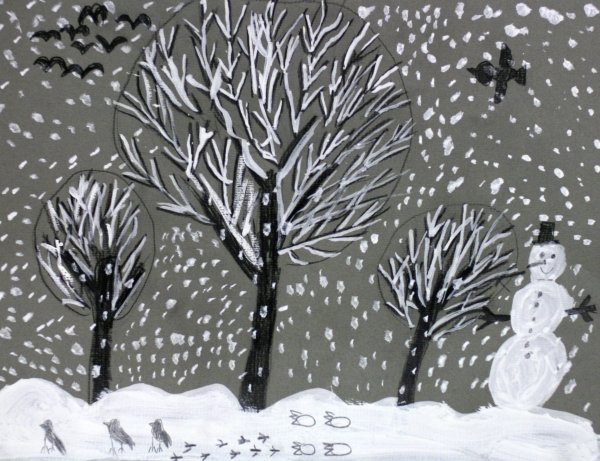 Зимний пейзаж белой гуашью