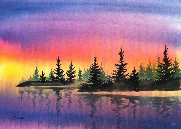 Пейзаж акварелью закат